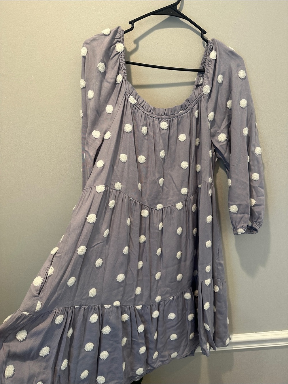Cato Lavender Polka Dot Tiered Dress with White Pom Dots